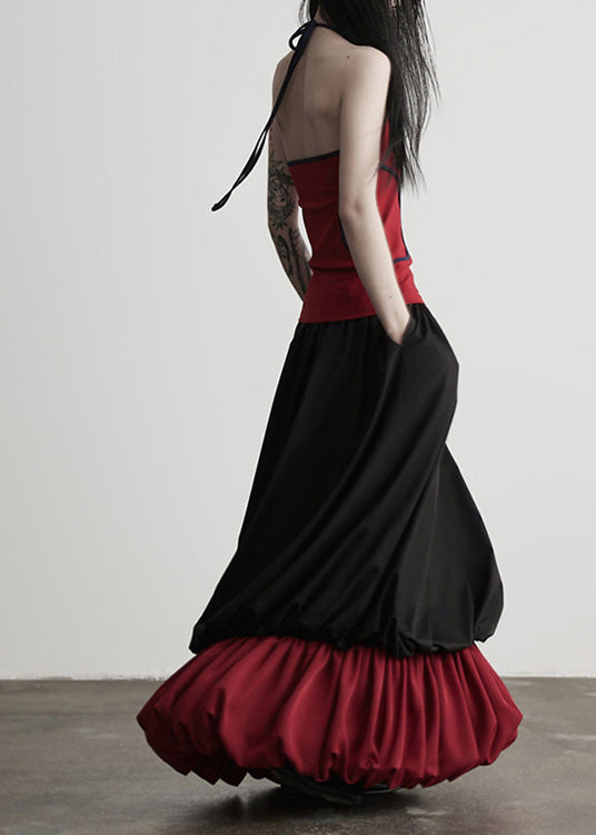 Black Wrinkled Patchwork False Two Pieces Cotton Skirts Fall