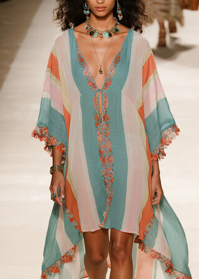 V Neck Asymmetrical Patchwork Cotton Dress Summer