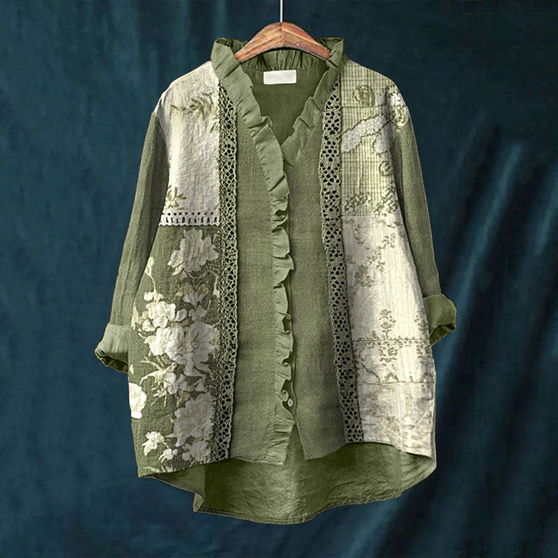 Floral Pattern Lace Patchwork Linen Ruffle Shirt artswardrobe