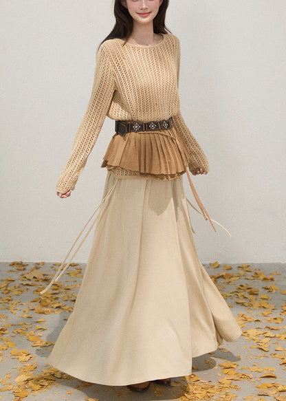 Khaki Hollow Out Knit Pullover Tops Fall