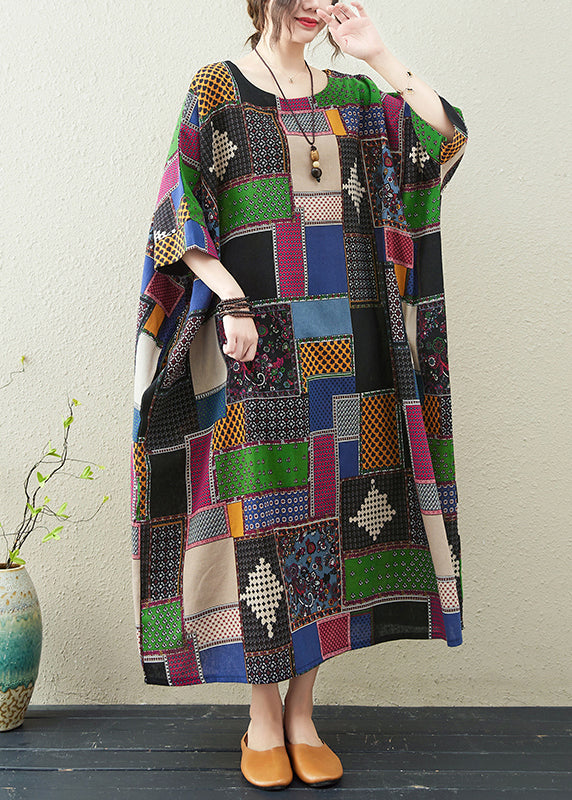 Colorblock O-neck Print Maxi Dress Summer