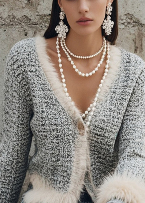 French Grey V Neck Patchwork Faux Fur Coats Winter