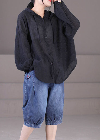 Black Cotton Upf 50+ Coat Jackets Oversized Drawstring Long Sleeve