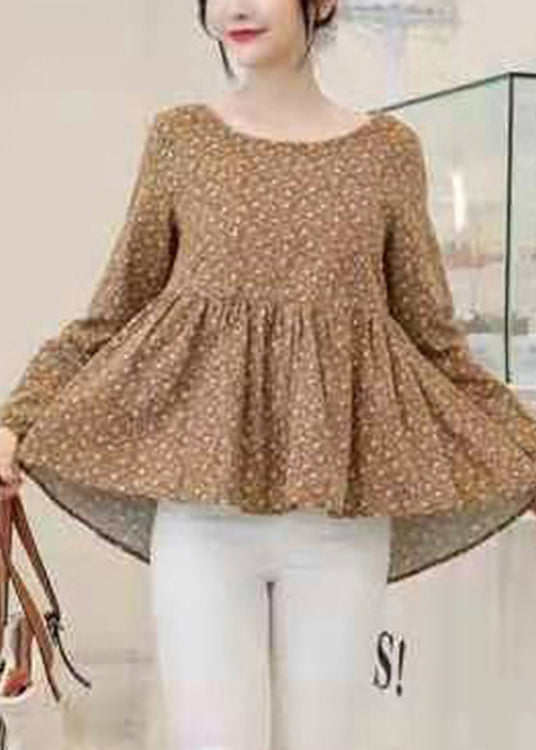 Retro Yellow Print Cotton Shirt Top Asymmetrical Long Sleeve