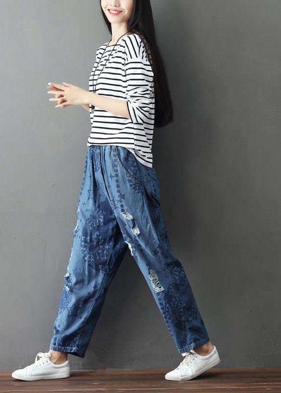 Blue Pockets Print Hole Fall Cotton Pants