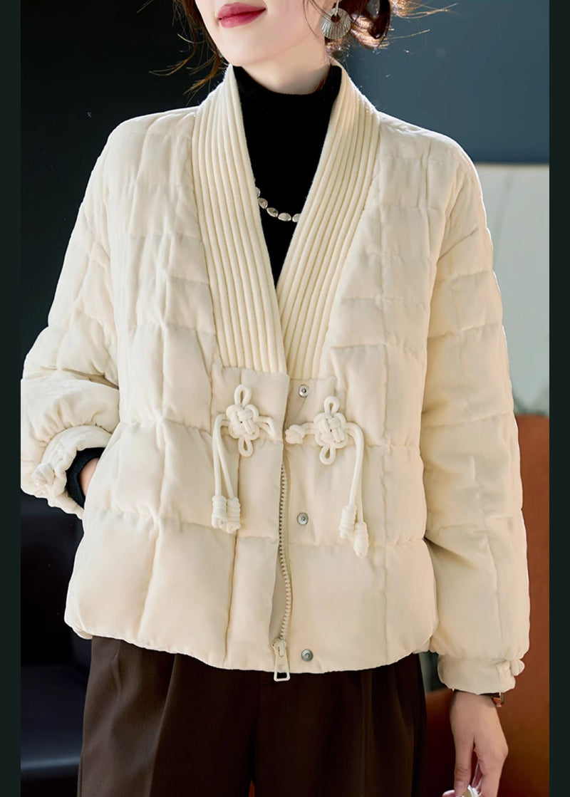 White V Neck Chinese Button Duck Down Puffers Jackets Winter