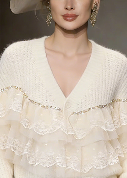 Handmade Beige Lace Patchwork Cotton Knit Cardigans Spring