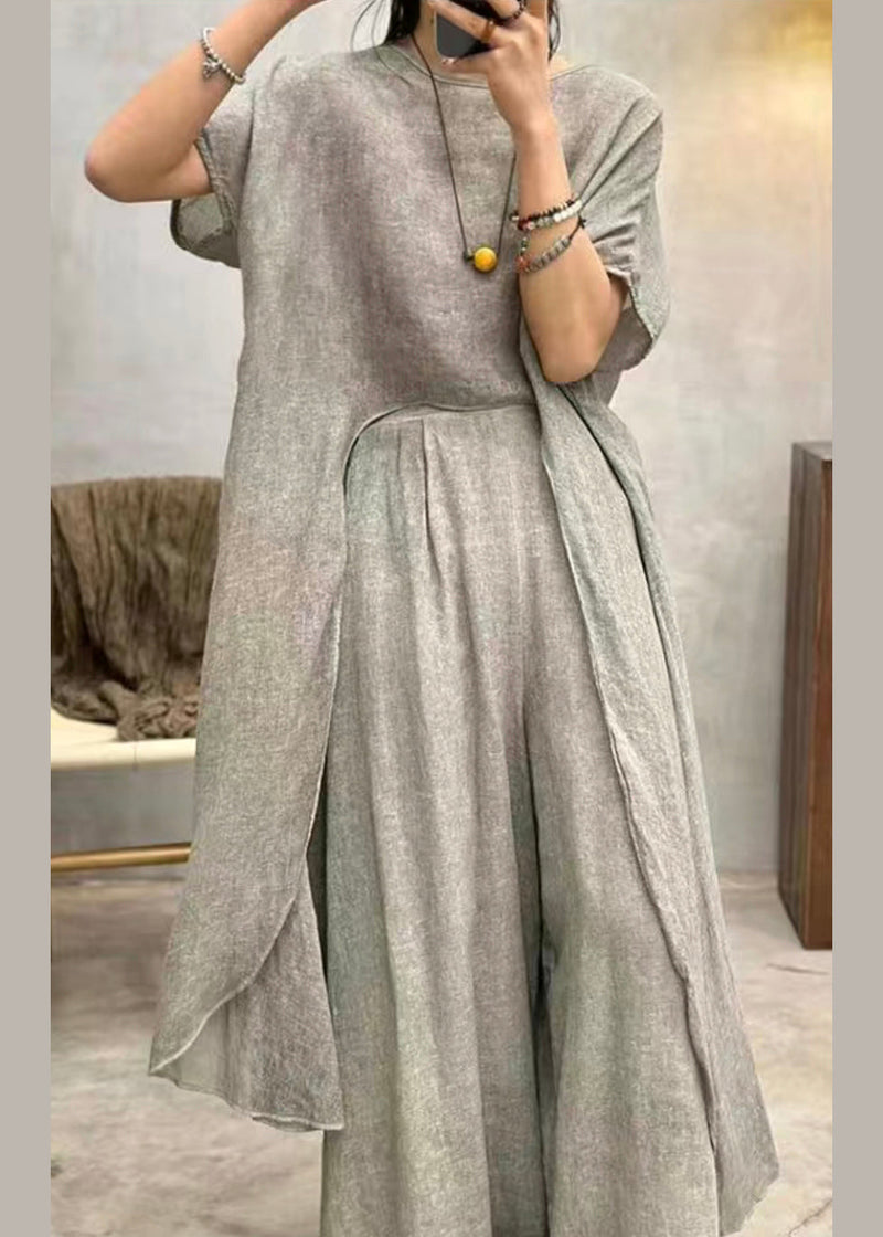 Art Grey Asymmetrical Patchwork Cotton Top Short Sleeve