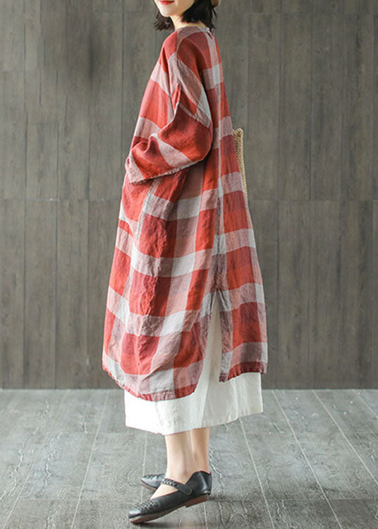 French Red O-neck Pockets Linen Fall Robe Dresses