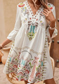KS | 2025 Ladies Dress Summer Vacation V-Neck Long Sleeve Floral Print Beach Party Dresses Sexy Mini Clothes For Women Vestidos