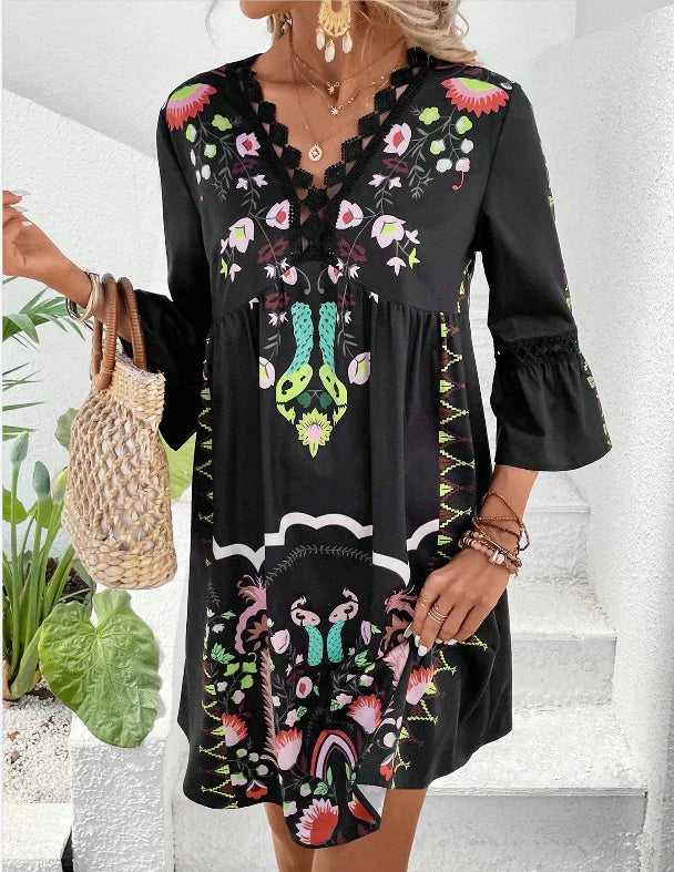 KS | 2025 Ladies Dress Summer Vacation V-Neck Long Sleeve Floral Print Beach Party Dresses Sexy Mini Clothes For Women Vestidos