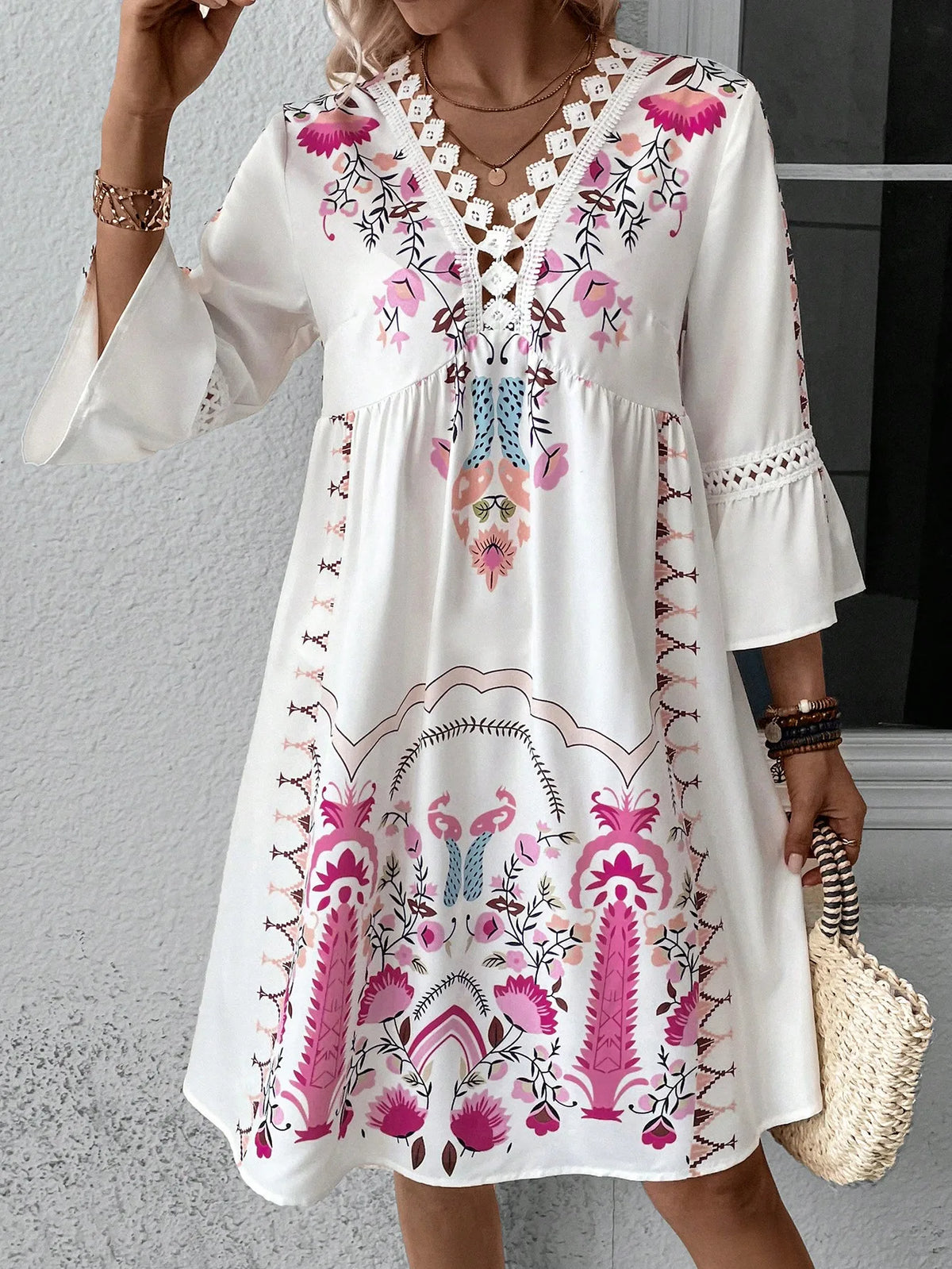KS | 2025 Ladies Dress Summer Vacation V-Neck Long Sleeve Floral Print Beach Party Dresses Sexy Mini Clothes For Women Vestidos