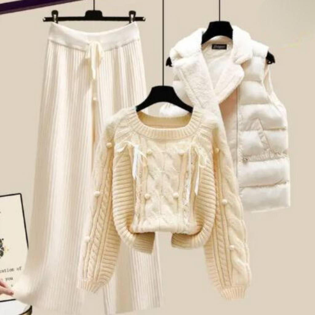 JO | Three-piece women's vest jacket, loose sweater and wide trouser legs