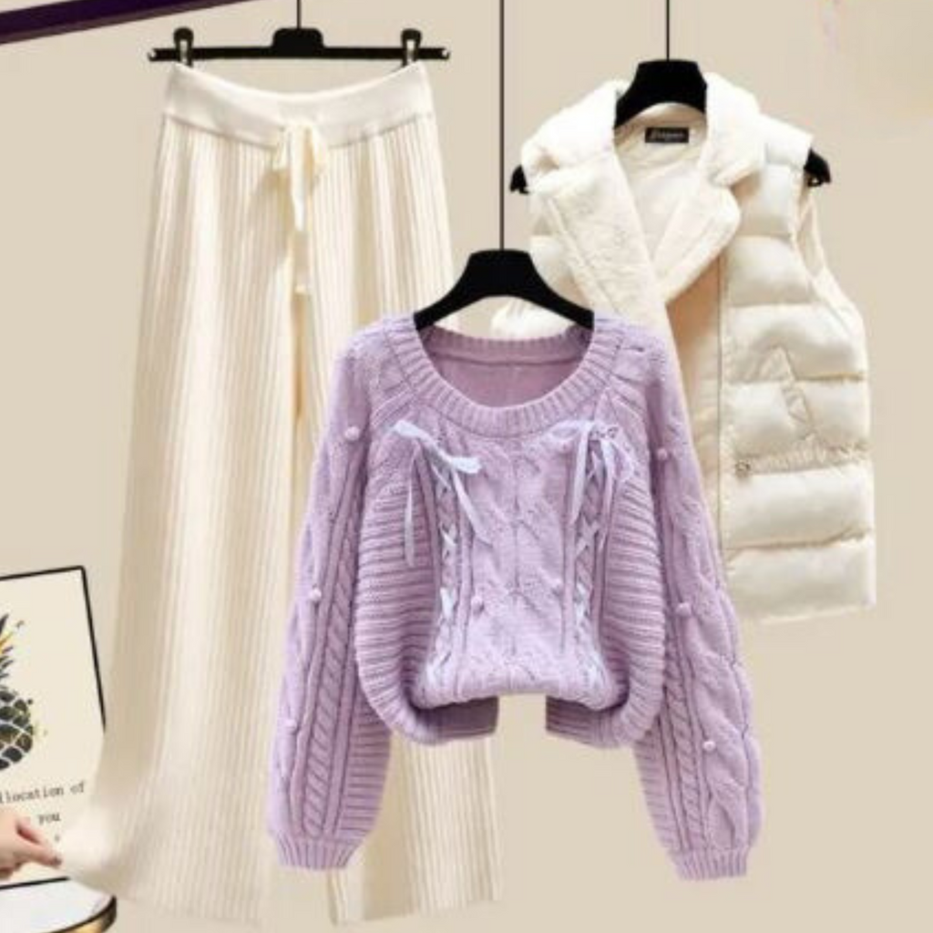 JO | Three-piece women's vest jacket, loose sweater and wide trouser legs