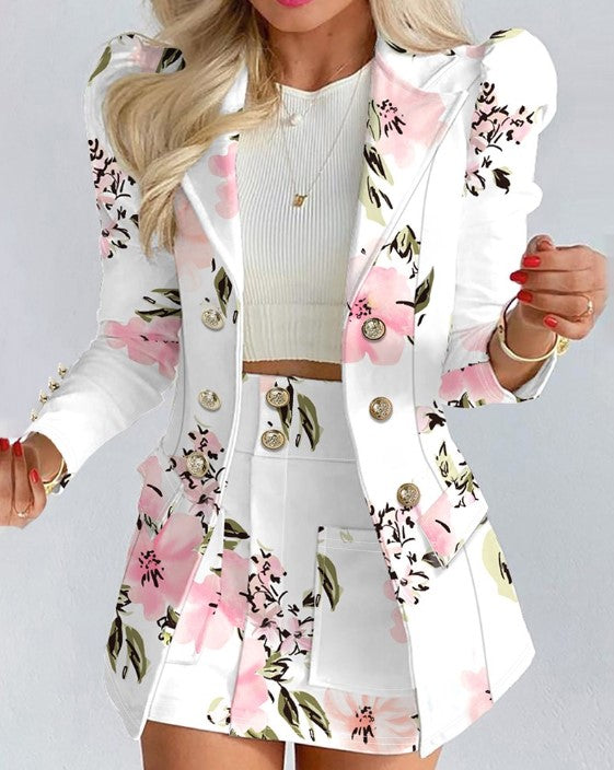 JO | Double-breasted blazer with floral print and puff sleeves