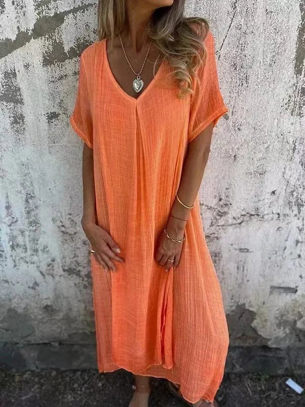 KS | Cotton and linen midi dress with V-neckline