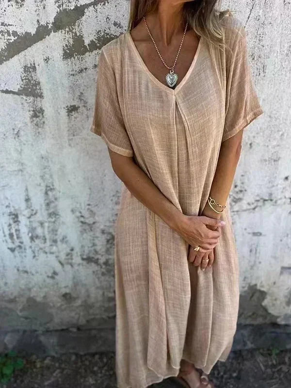 KS | Cotton and linen midi dress with V-neckline
