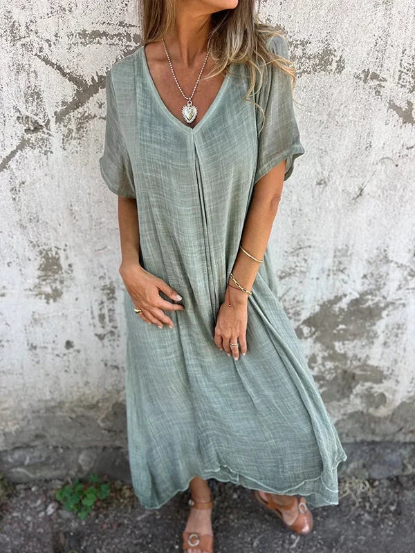 KS | Cotton and linen midi dress with V-neckline
