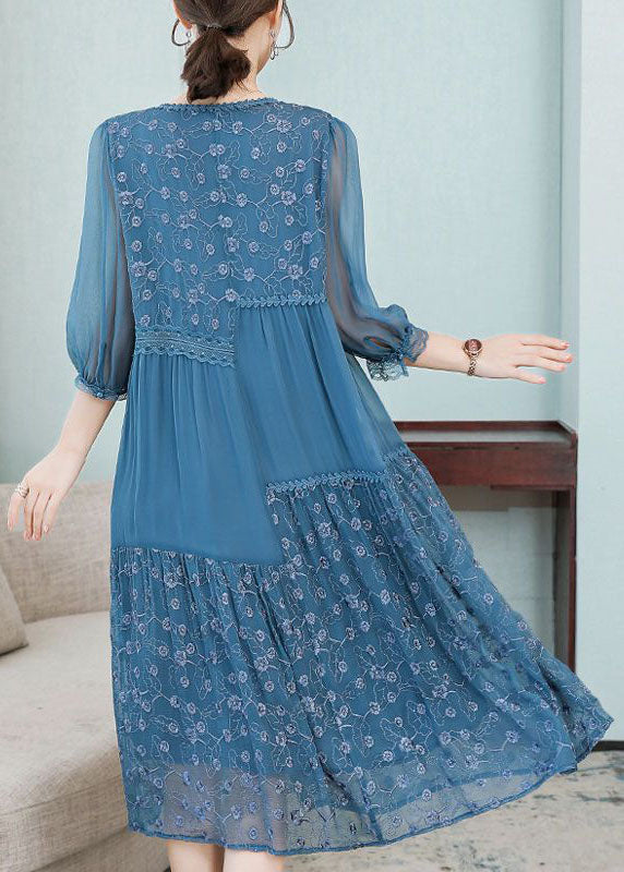 Blue Embroideried Patchwork Silk Dresses Spring