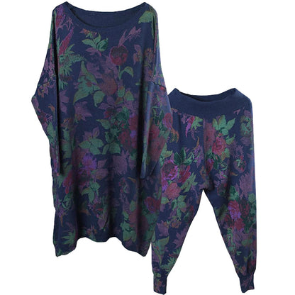 Blue Loose O-neck Side Open Fall Print Two Pieces Set Long Sleeve