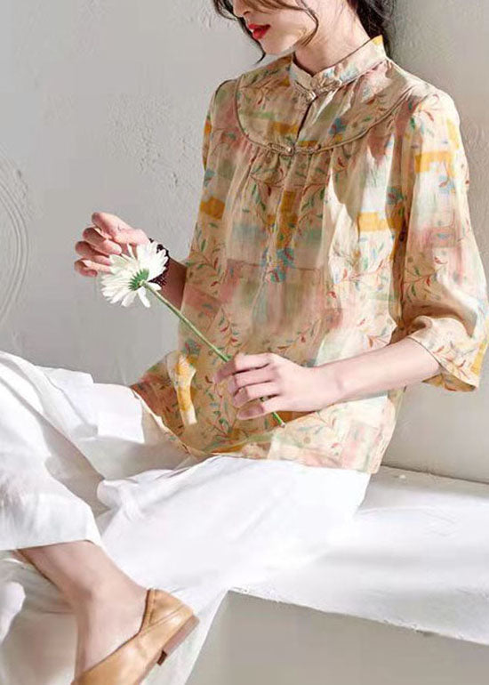 Khaki Stand Collar Print Tops Three Quarter Sleeve