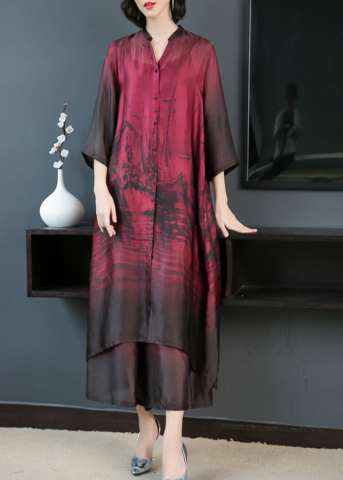 Red V Neck Print Silk Long Shirt Dress and Pants Two Pieces Set Summer