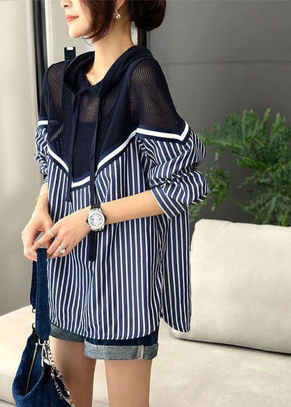Blue Drawstring Hooded Knit Patchwork Striped Blouse Top Spring