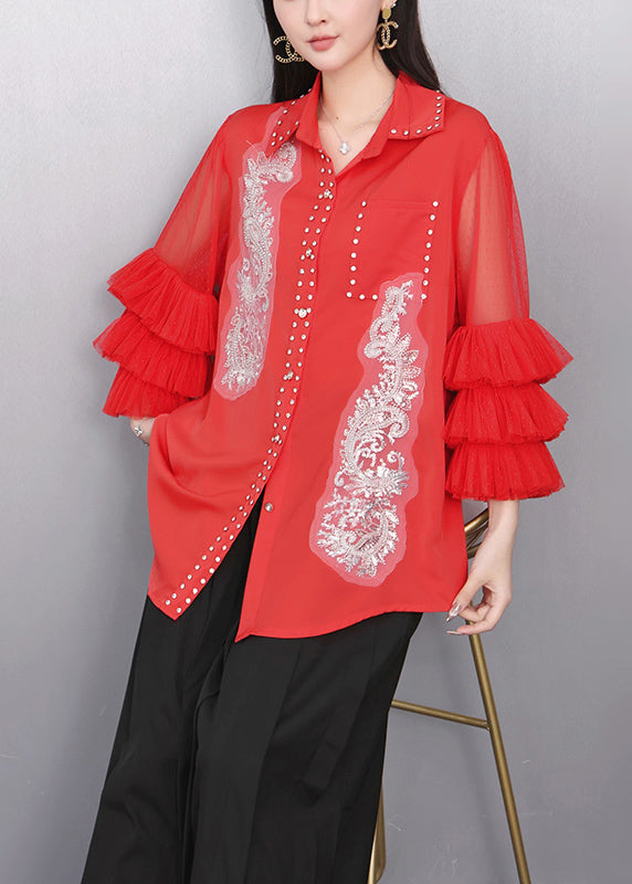 Red Embroidered Chiffon Top Flare Sleeve