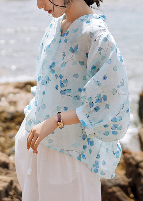 Blue V Neck Print Linen Shirt Tops Lantern Sleeve