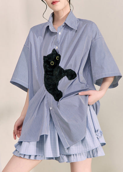 Blue Peter Pan Collar Little Cats Striped Shirts Summer