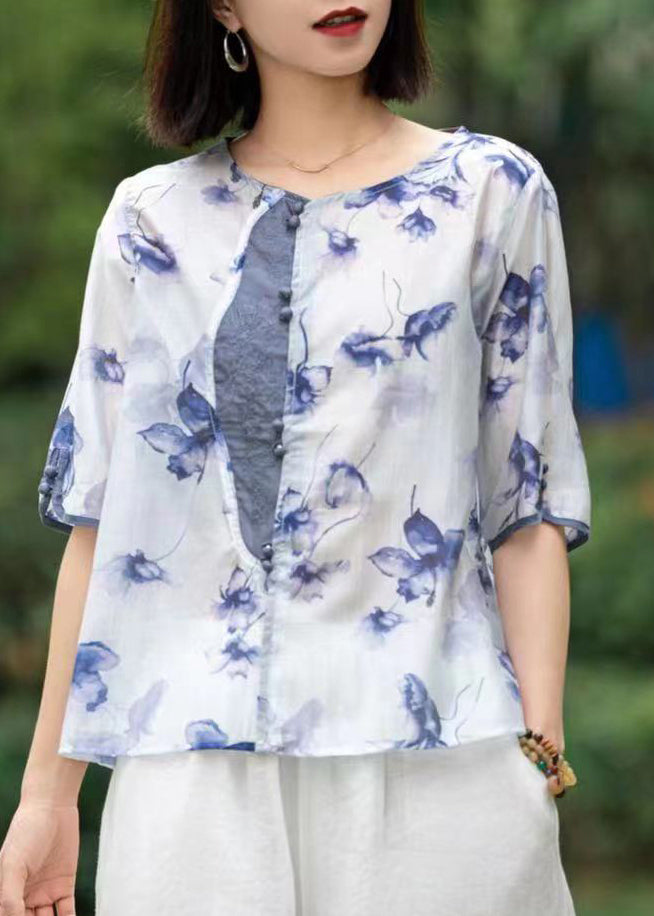 Blue Print Patchwork Linen Shirts Short Sleeve