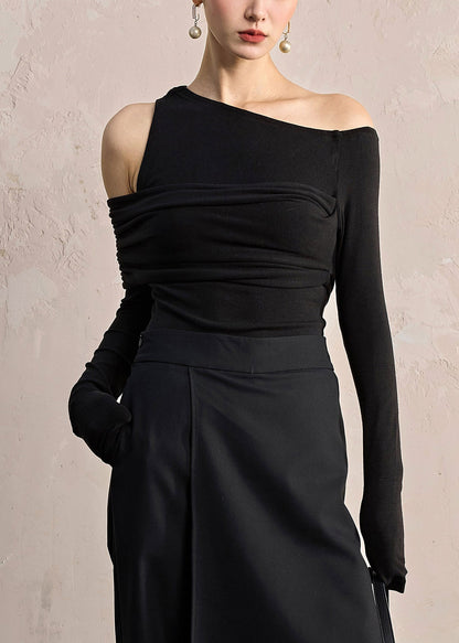 Slim Fit Black Asymmetrical Cotton T Shirt Fall