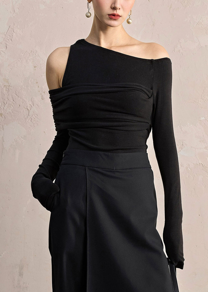 Slim Fit Black Asymmetrical Cotton T Shirt Fall