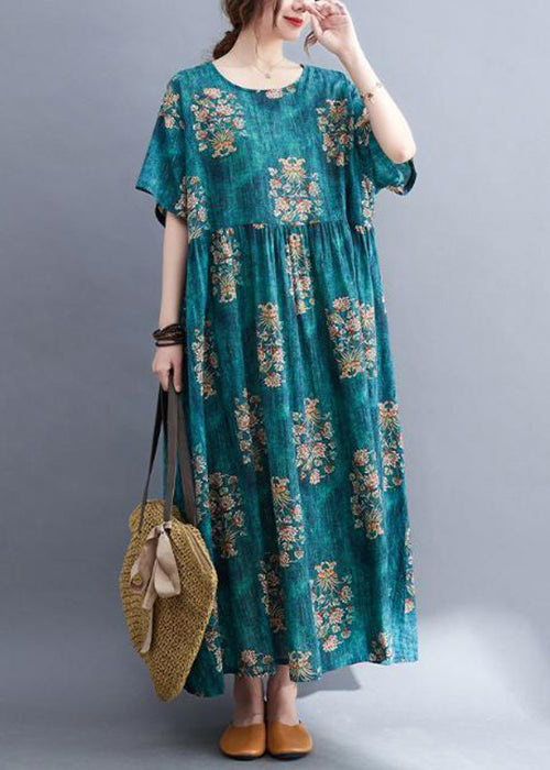 Green O Neck Print Cotton Long Dress Summer