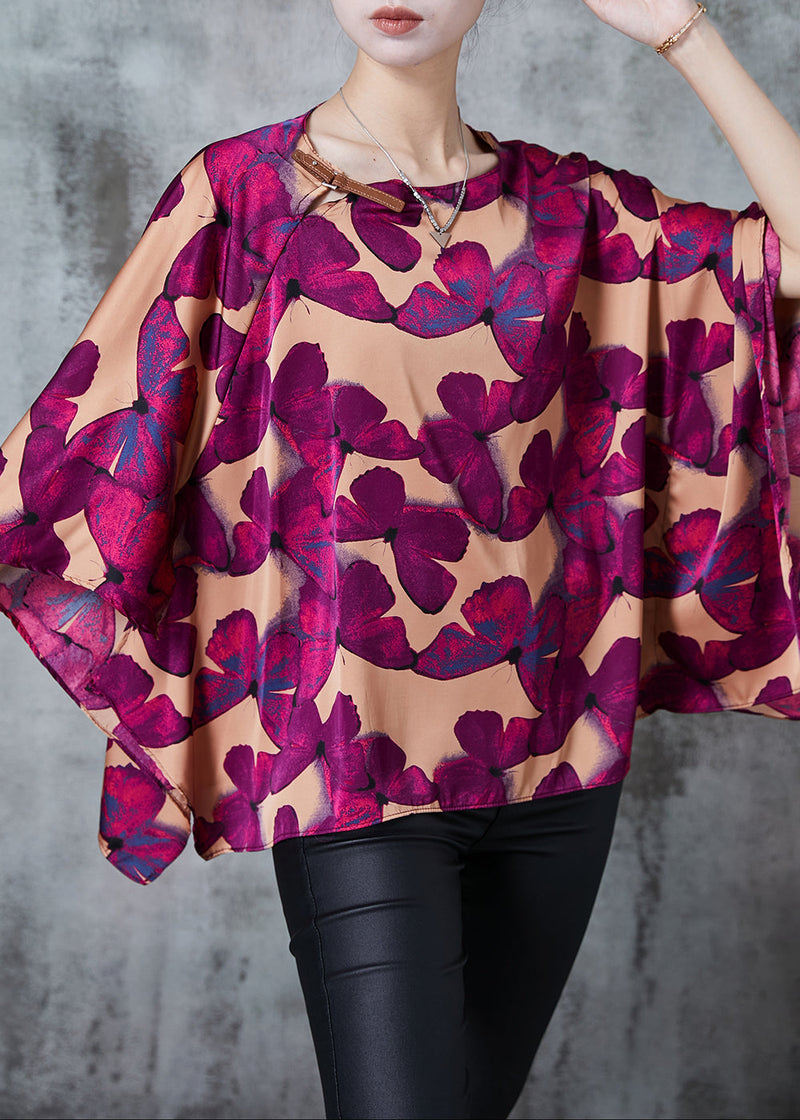 Brown Oversized Butterfly Silk Shirt Batwing Sleeve Spring