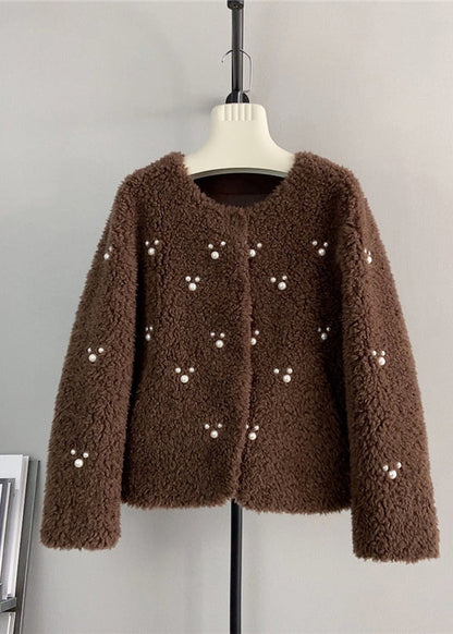 Coffee O Neck Nail Bead Wool Short Coat Winter