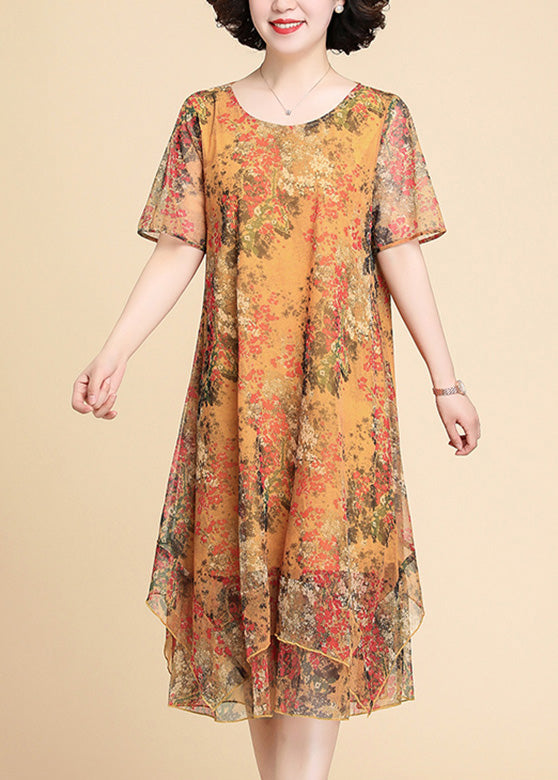Yellow Print Chiffon Maxi Dress Summer