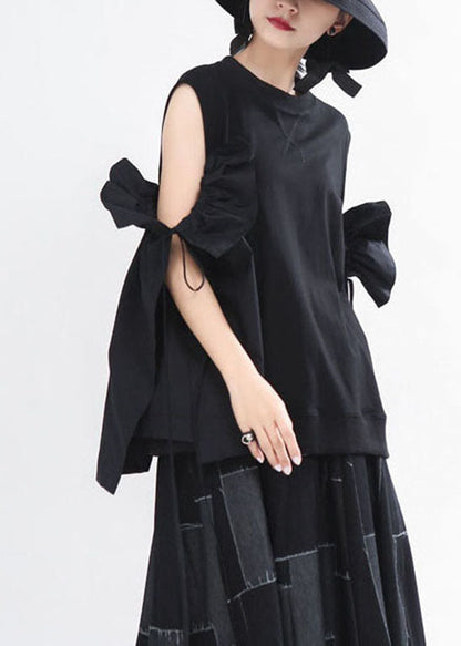 Art Black O-neck Drawstring Flare Sleeve Shirts Spring