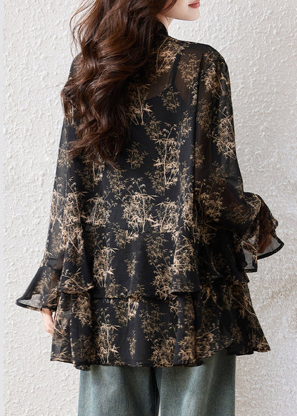 Black Oversized Print Chiffon Shirts Fall