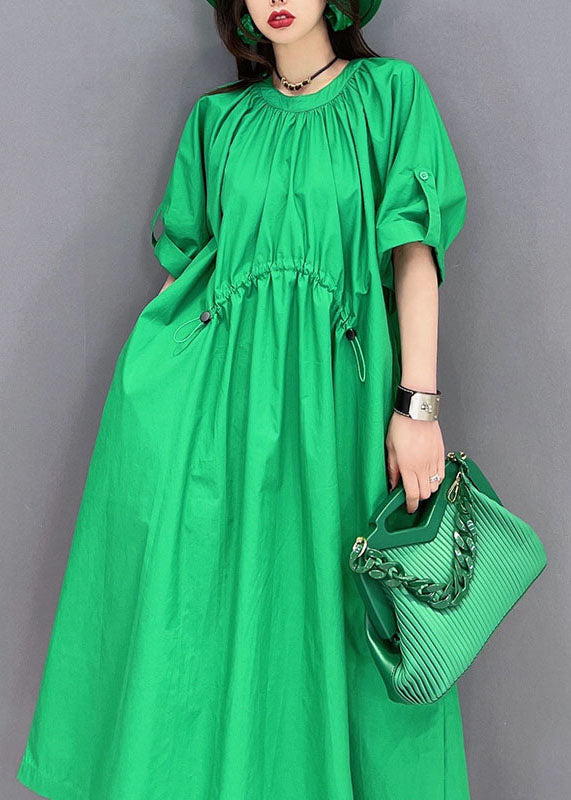 Green O-neck Drawstring Wrinkled Cotton Holiday Dress Summer