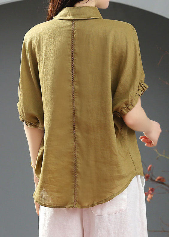 Green Peter Pan Collar Patchwork Button Linen Blouse Tops Short Sleeve