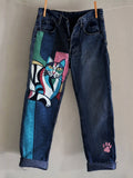 Comstylish Cat Colorblock Art Paw Print Embroidered Washed Jeans