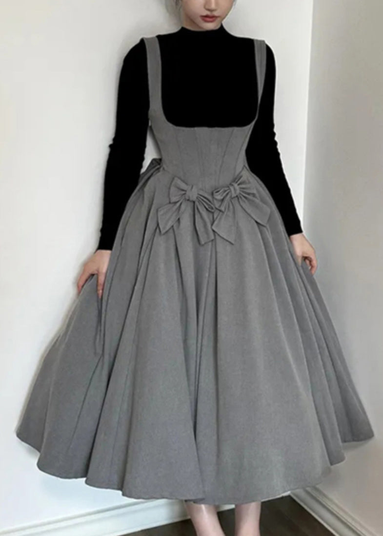 Slim Fit Grey Bow Top and Spaghetti Strap Dress Two Pieces Set Spring