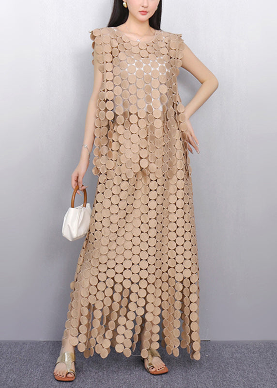 Champagne Hollow Out Lace Top and Maxi Skirts Two Pieces Set Summer