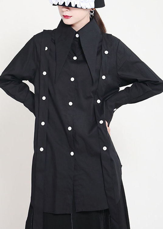 Black Peter Pan Collar Button Asymmetrical Design Patchwork Fall Shirts Long Sleeve