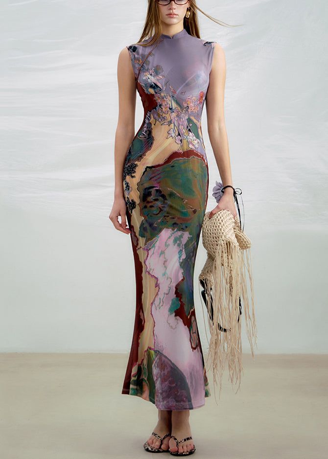 Purple Wear on Both Sides Long Dress Print Sleeveless Summer