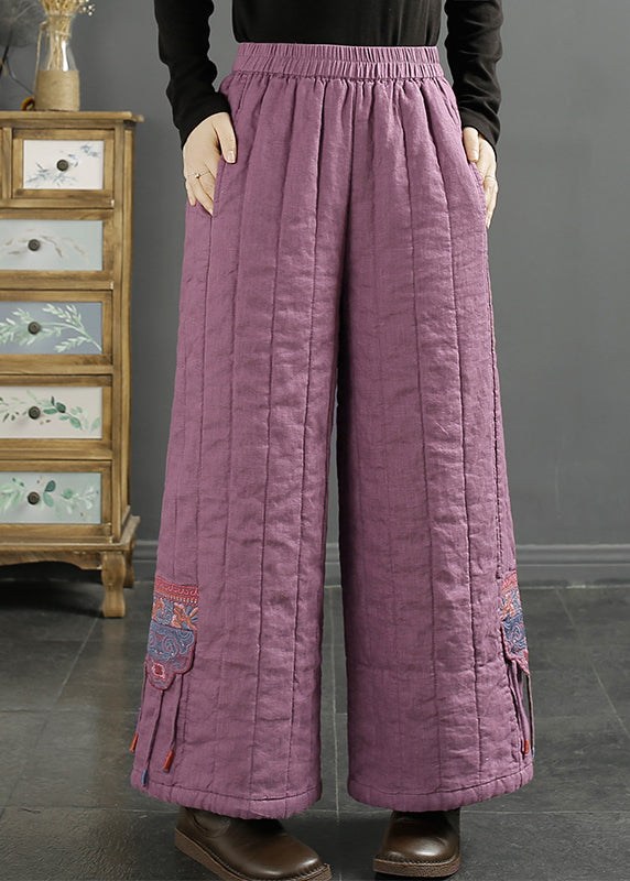Red Embroideried Pockets Fine Cotton Filled Wide Leg Pants Winter