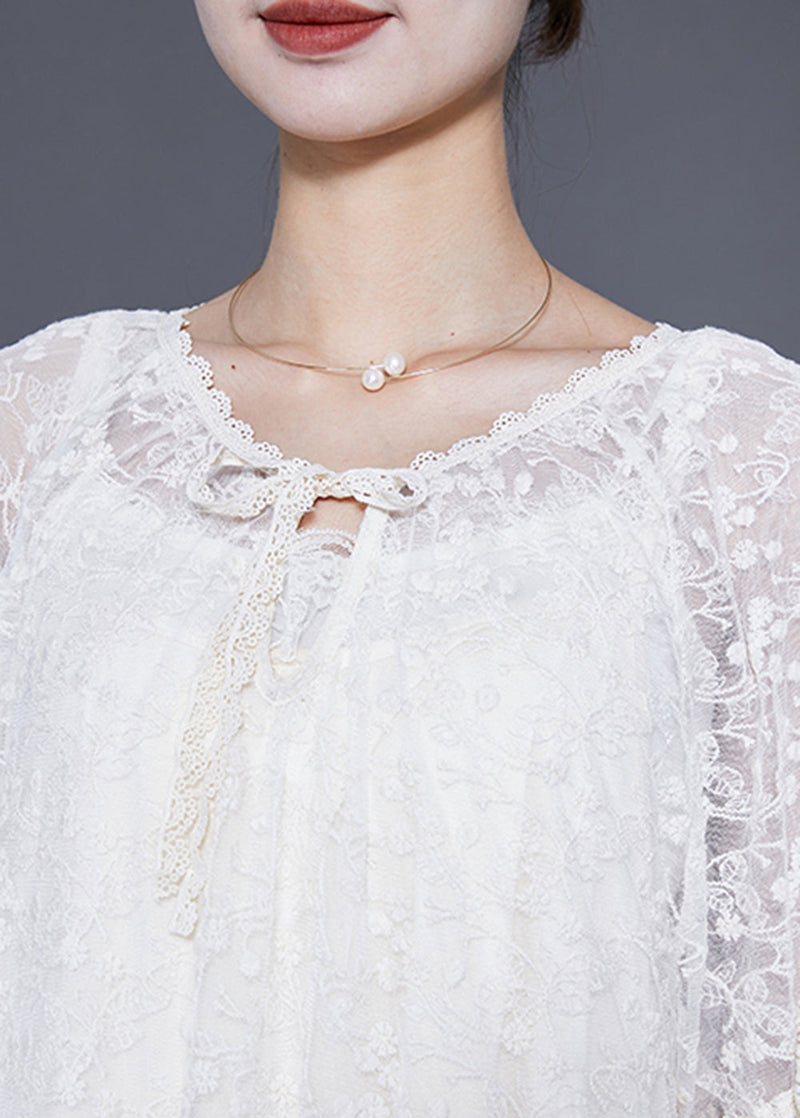 White Embroideried Patchwork Hollow Out Lace Maxi Dress Lantern Sleeve