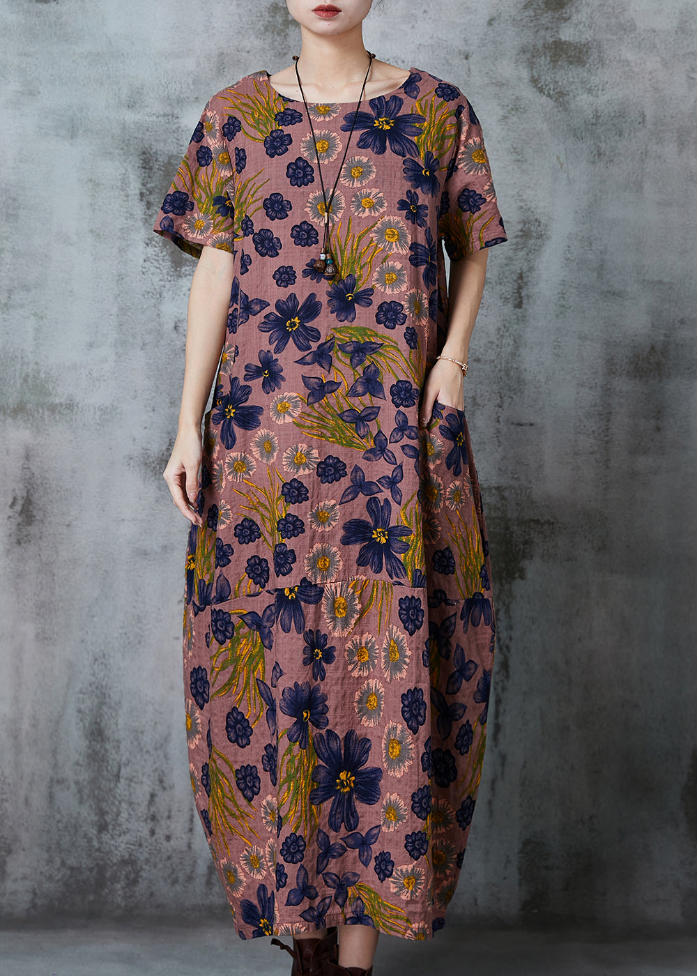 Brown Print Pockets Cotton Holiday Dress Summer