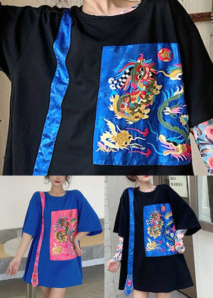 Black O-neck Embroideried Tops Half Sleeve